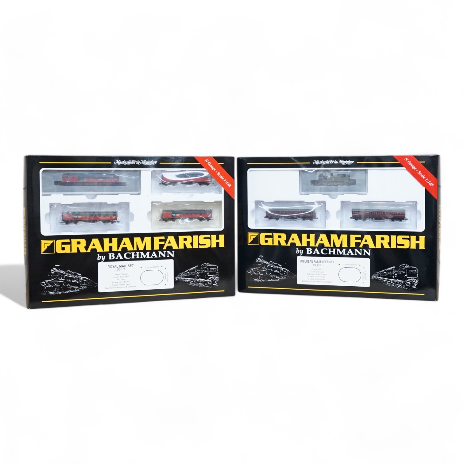 Two boxed Graham Farish by Bachmann N gauge railway train sets: a Suburban Passenger Set (370-075) and a Royal Mail Set (370-125), both with locomotive and rolling stock, both missing track sections. Condition - good.